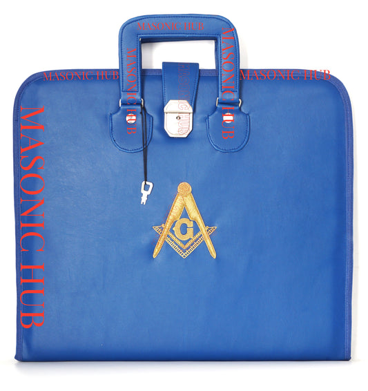 Masonic Hand-Embroidered Square &amp; Compass Apron Case with Handle – Blue
