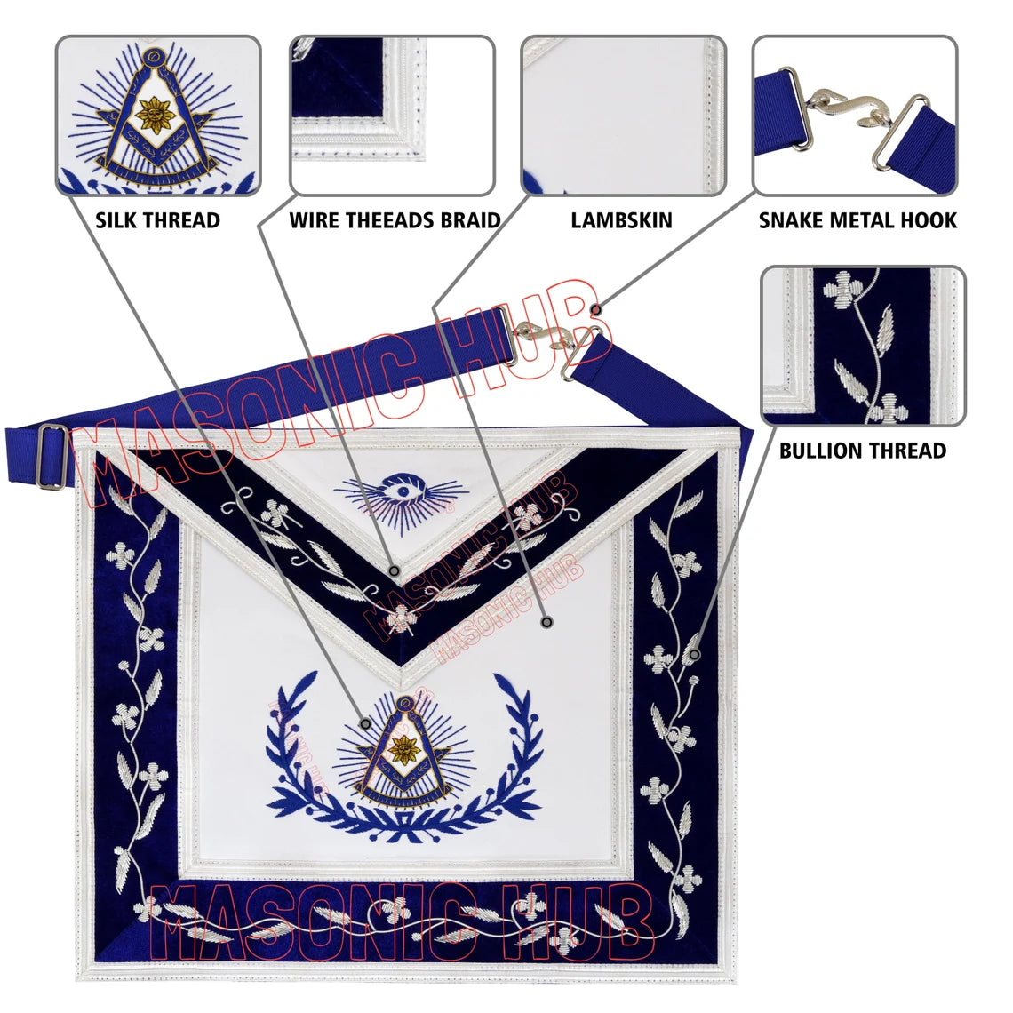 Past Master with Embroidered Border Masonic 100% Lambskin Apron -[Blue & White]