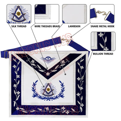 Past Master with Embroidered Border Masonic 100% Lambskin Apron -[Blue & White]