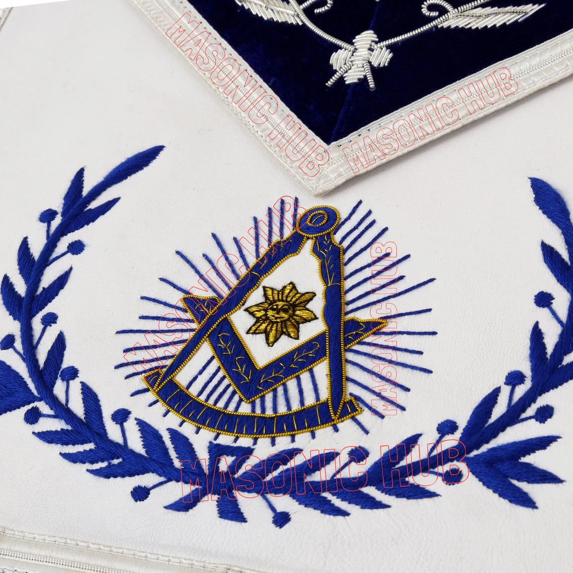 Past Master with Embroidered Border Masonic 100% Lambskin Apron -[Blue & White] Masonic Hub